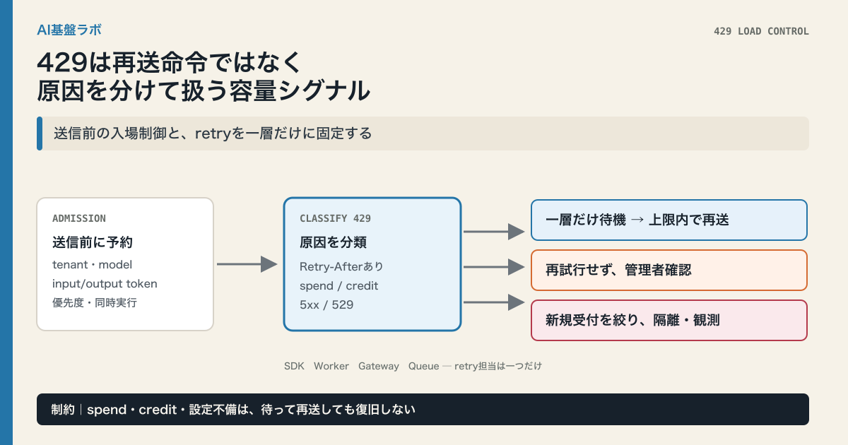 AI APIへの送信前にtenant・model・token・優先度を確認し、429の原因を一時制限・課金上限・上流過負荷へ分類して待機・停止・隔離を選ぶ設計図