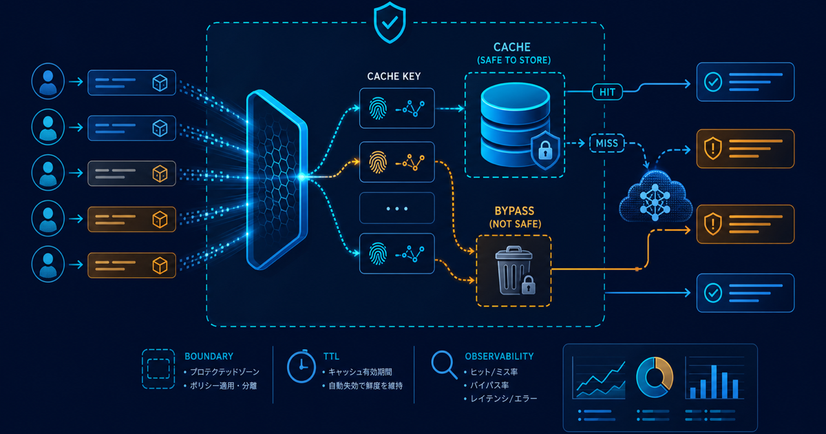 AI Gatewayで安全なcache key・TTL・DLP・観測性を分けるキャッシュ設計の概念図